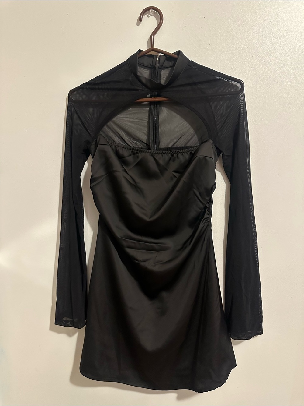 SHEIN Black Satin Mini Dress with Sheer Long Sleeves